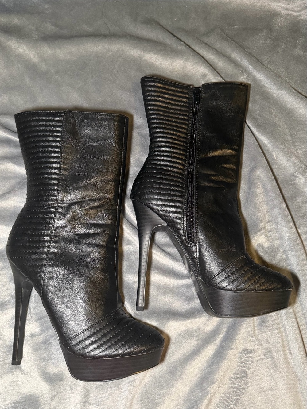 Black Quilted Platform High Heel Ankle Boots - Women